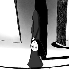 Black-and-white drawing of a child holding a woman's hand, looking around