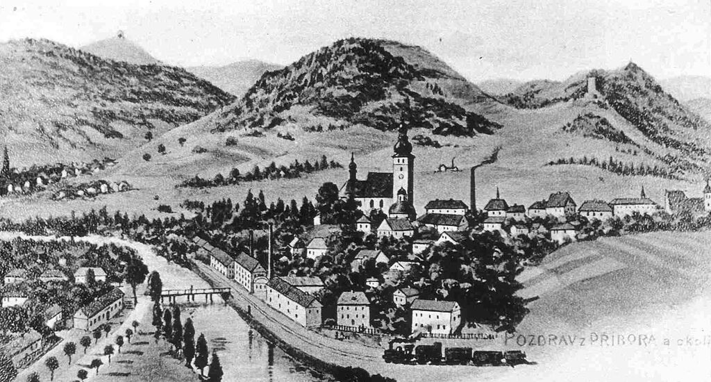 Grafische Darstellung einer sTadt an einem Fluss mit Hügeln im Hintergrund