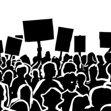 Drawn shadows of a protesting crowd with signs
