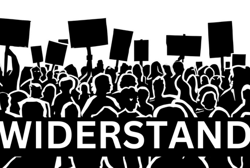 Gezeichnete Schatten einer protestierenden Menschenmenge mit Schildern und dem Wort „Widerstand“