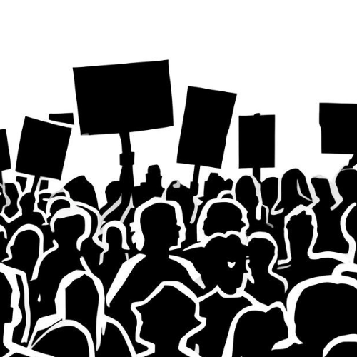 Gezeichnete Schatten einer protestierenden Menge mit Schildern